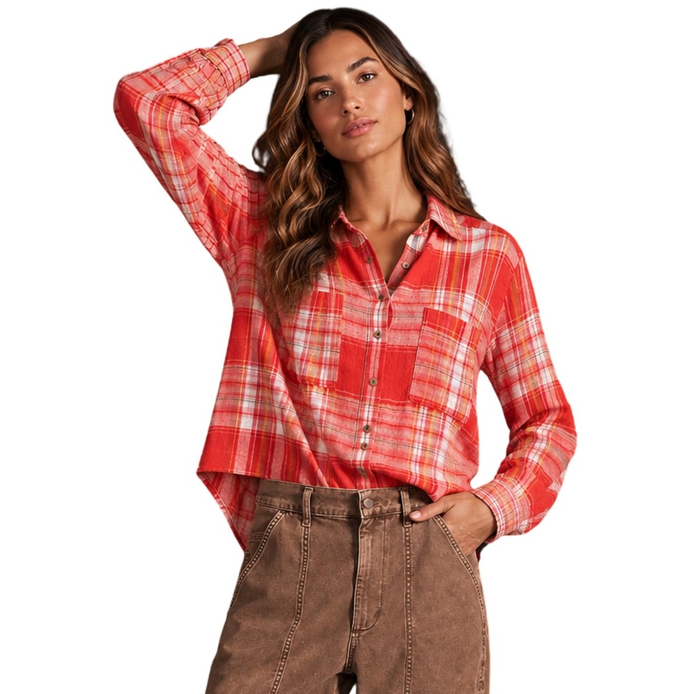 Anthropologie Pilcro Top Womens XL Red Pink Flannel Plaid Button Down Shirt